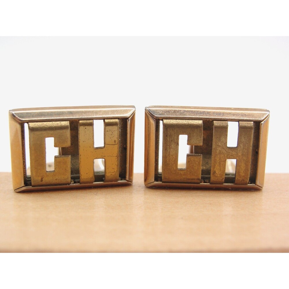 Vintage Swank Monogram "CH" Cufflinks Gold Tone Rectangular Initial Letter MCM